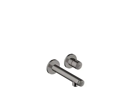 Wall-mounted AXOR Waschtischmischer mit Auslauf und Bedienteil. Ausführung in glänzendem Schwarzchrom, minimalistisches Design ohne sichtbare Verkleidung.